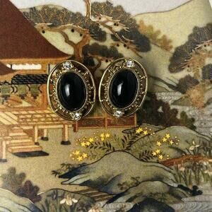Vintage 90s Gold and Black Cabochon Clip Earrings